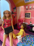 Wooden Barbie Sized Dollhouse, CAR 5 dolls, 2 pets, furniture